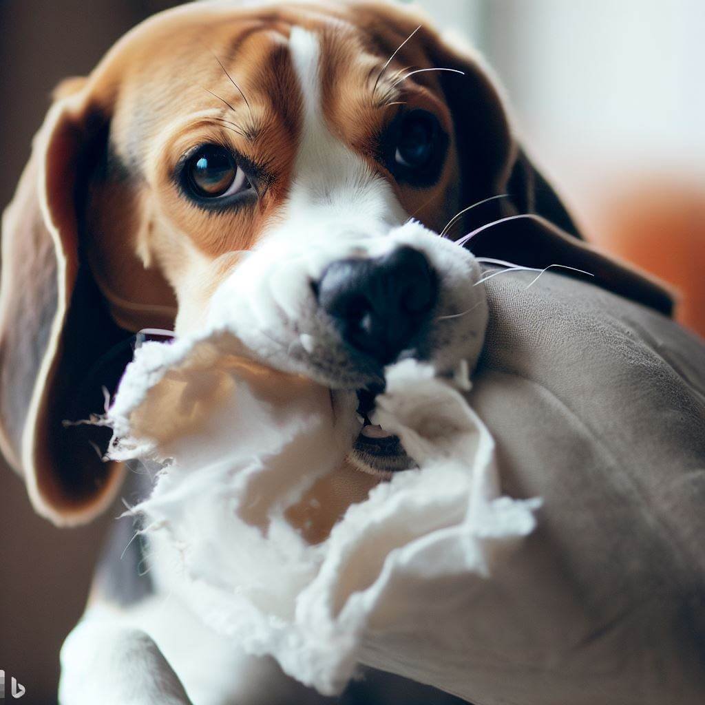 beagle with separation anxiety tearing up pillow 