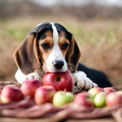 beagle eating apple