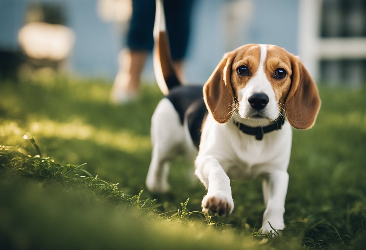 Beagles reaching adulthood, playing and exploring outdoors, receiving care from a veterinarian, and enjoying a balanced diet