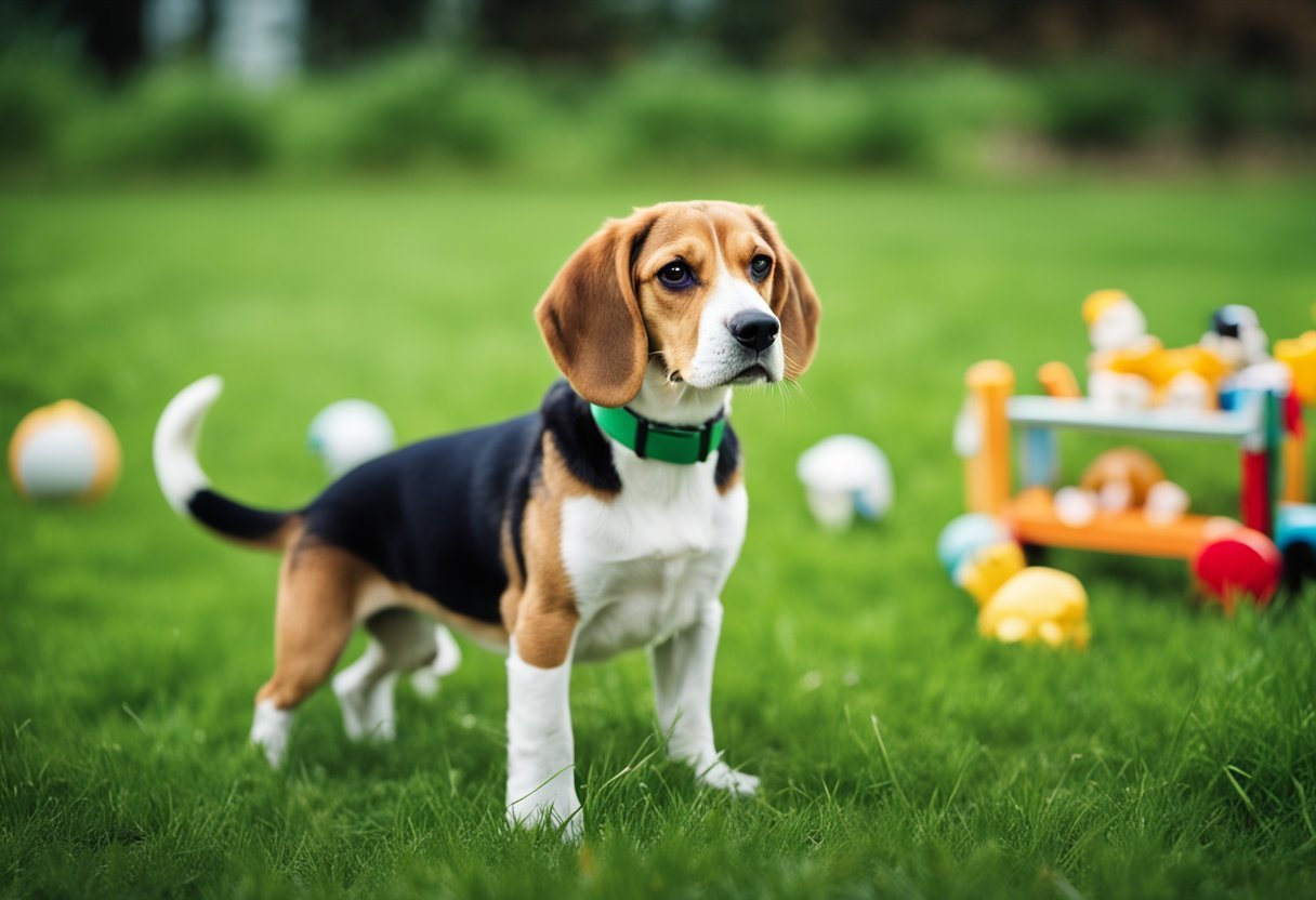 A beagle stands proudly, ears alert, in a field of green grass, surrounded by toys and treats. A calendar on the wall shows the passing of time from puppyhood to adulthood