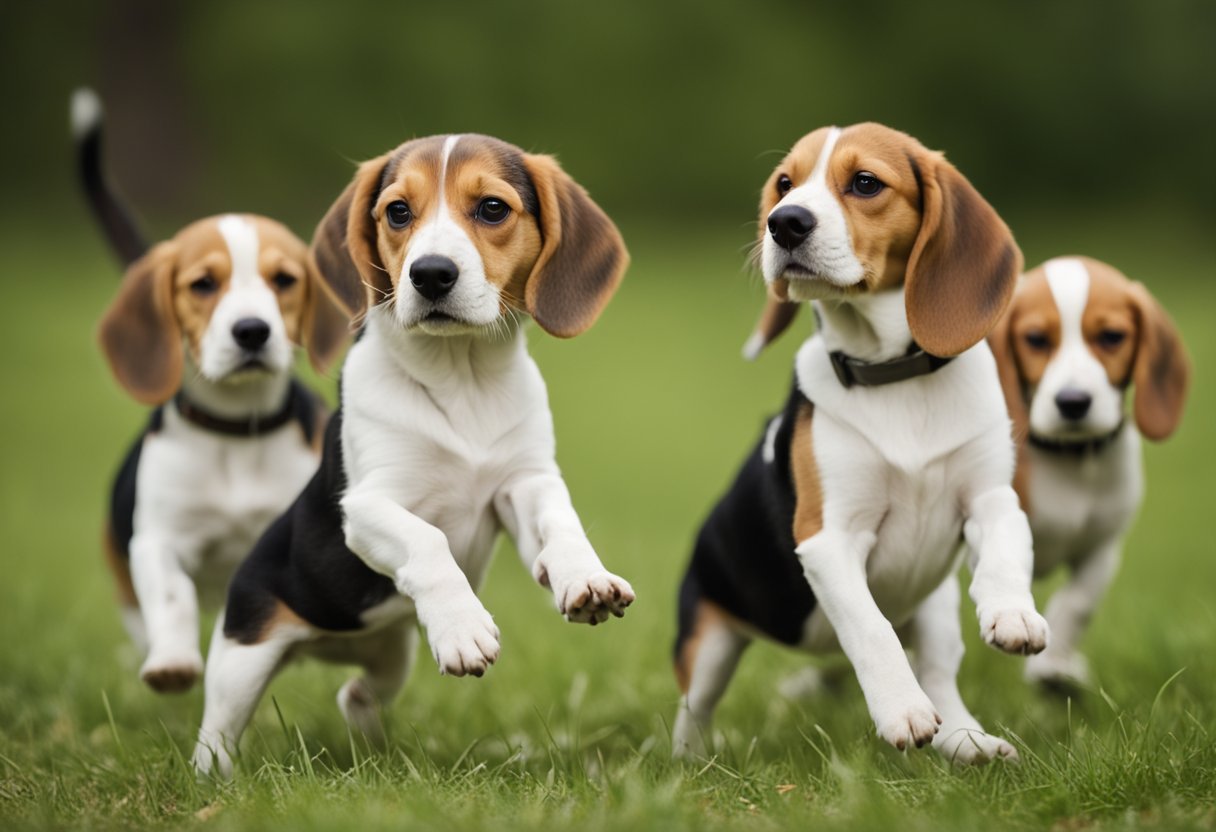 A group of beagles of various ages are seen engaging in training exercises, with older beagles leading the younger ones. The scene depicts the transition from puppyhood to adulthood in beagles