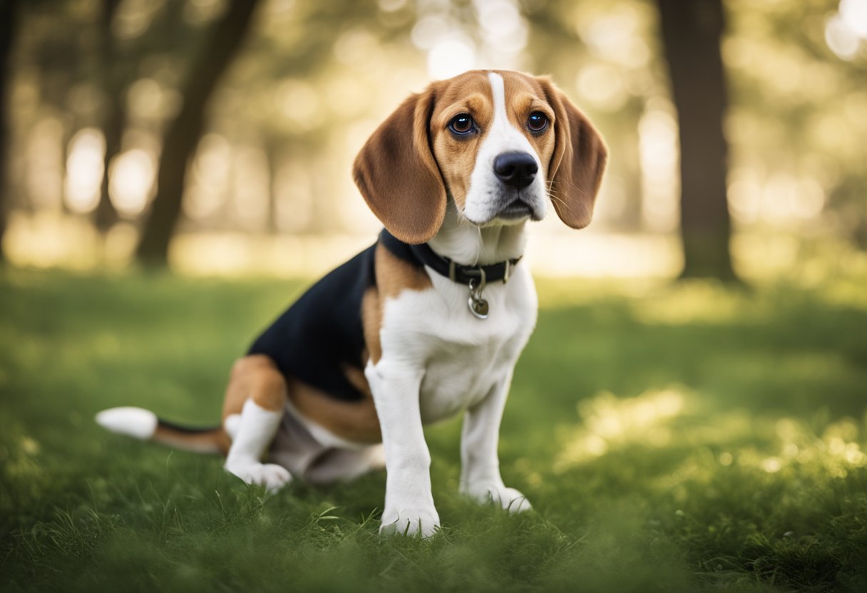 Why Do Beagles Sit Weird - A beagle sits with hind legs splayed out, front legs stretched forward, head slightly tilted, and ears perked up in curiosity