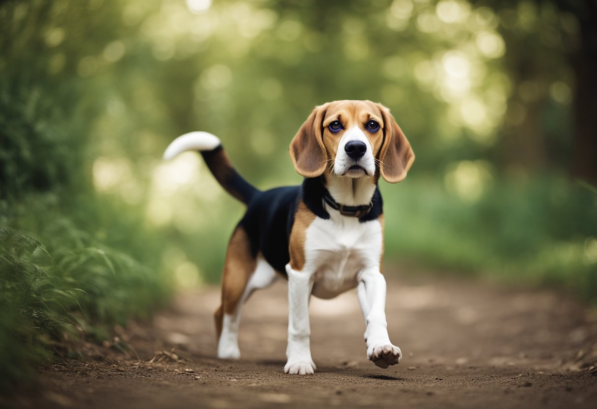 A beagle follows its owner closely, wagging its tail and looking up with adoring eyes. The owner's movements trigger the dog's instinct to protect and stay close, creating a sense of companionship and well-being