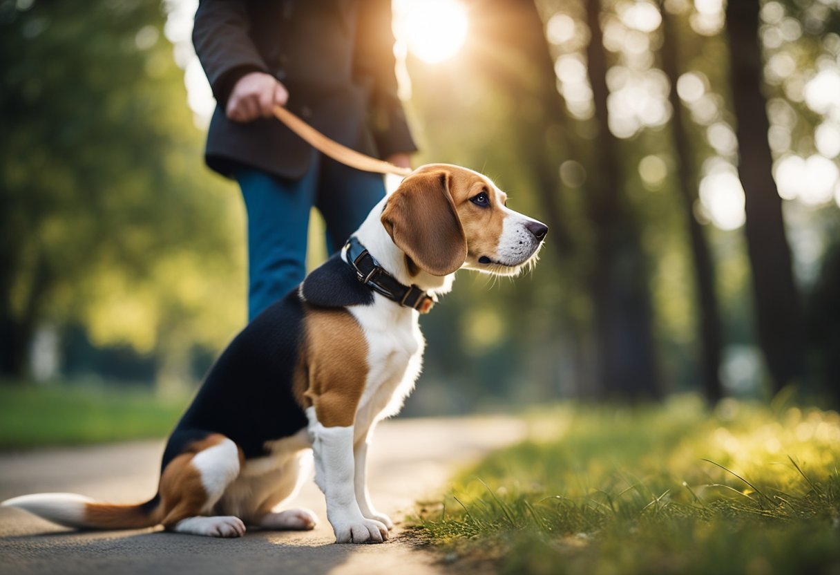 A beagle follows its owner closely, wagging its tail and gazing up with adoring eyes. The dog's body language shows loyalty and a strong emotional bond