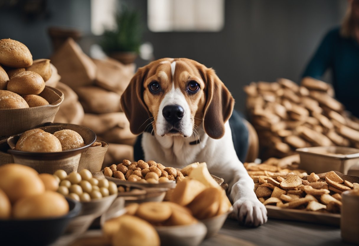 A beagle eagerly devours a large pile of food, ignoring any signs of fullness or restraint