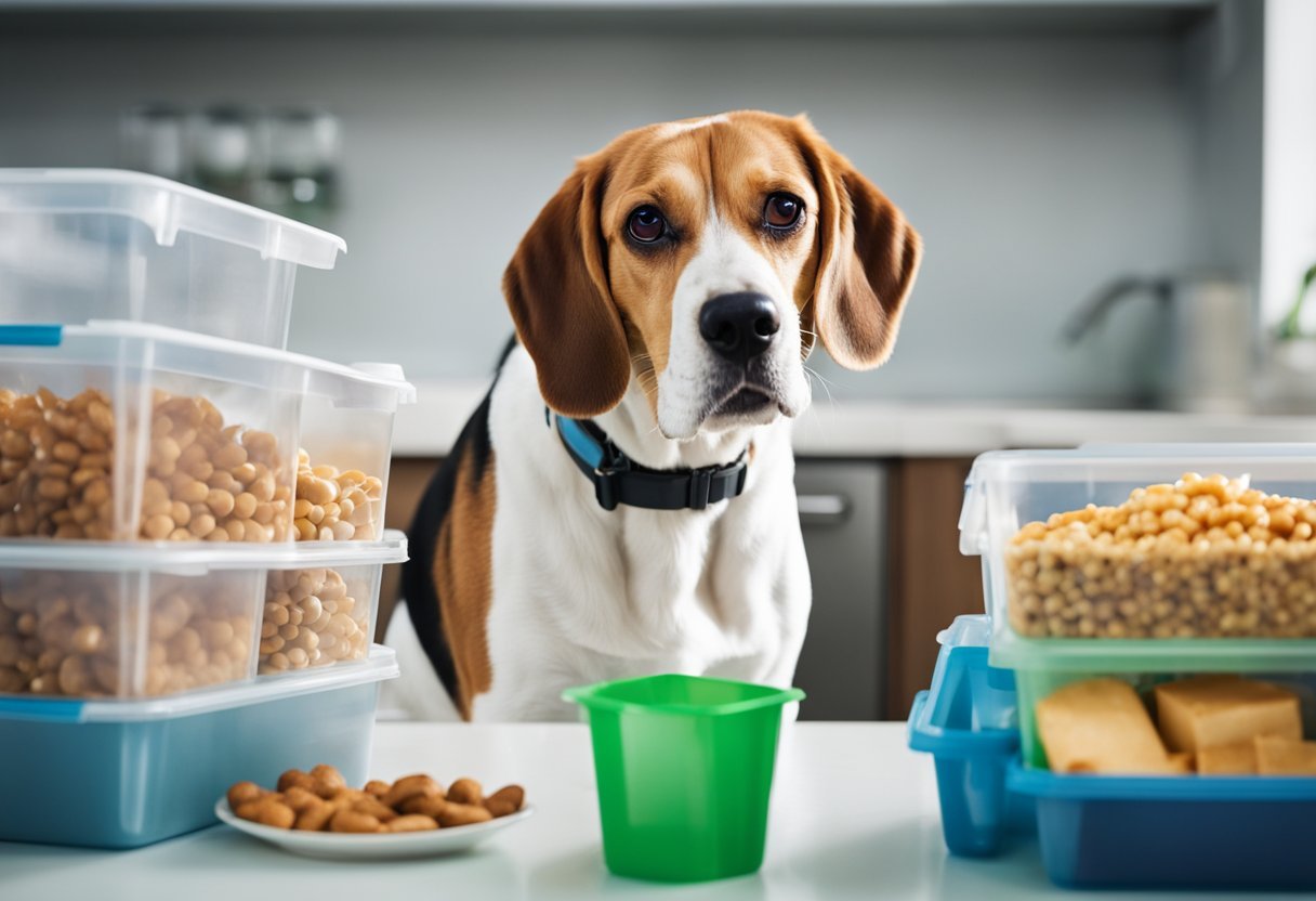 A beagle surrounded by empty food containers, panting heavily with a distended belly. A concerned veterinarian looks on, holding a chart showing health risks of overeating