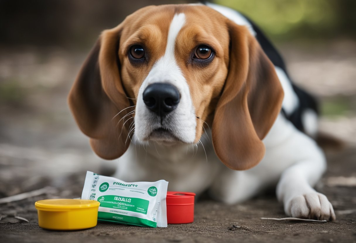 A beagle frantically eats food from a spilled bag, appearing to overindulge. Nearby, a first aid kit sits untouched