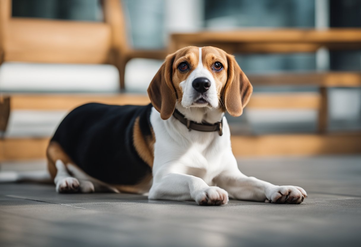 A beagle sits on the floor, and the Beagle Won't Stop whining loudly with its head tilted back and ears drooping. Its eyes are pleading and its tail is tucked between its legs