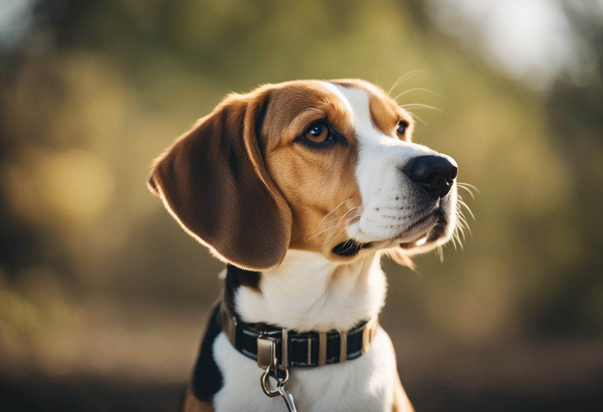 Beagle whines, trainer uses positive reinforcement, ignores whining, redirects behavior, rewards silence