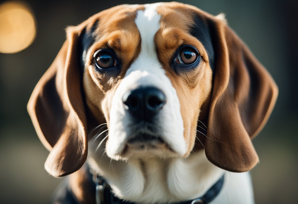 A Beagle Won't Stop whining and he sits with head tilted, eyes pleading, and emits a continuous high-pitched whine. Tail tucked, body tense