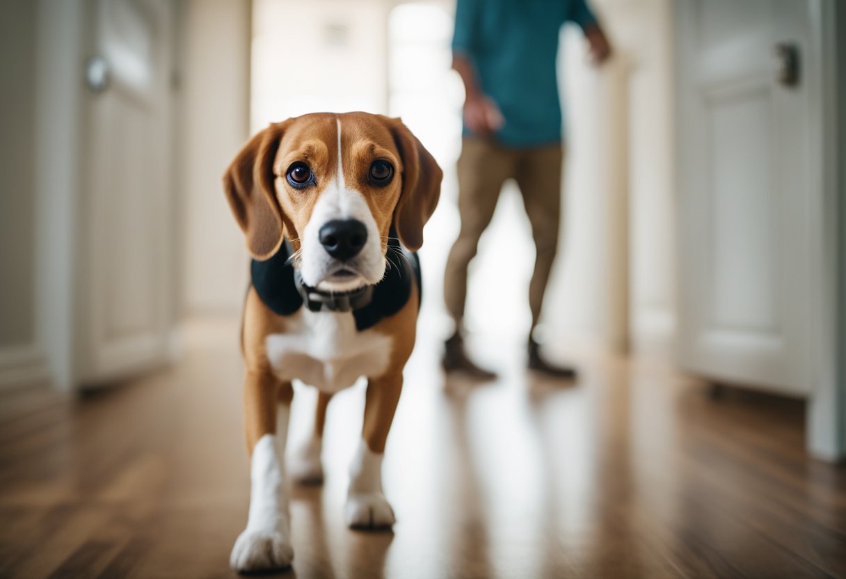 A beagle walks closely behind their owner, gazing up with adoring eyes, as they move from room to room in the house