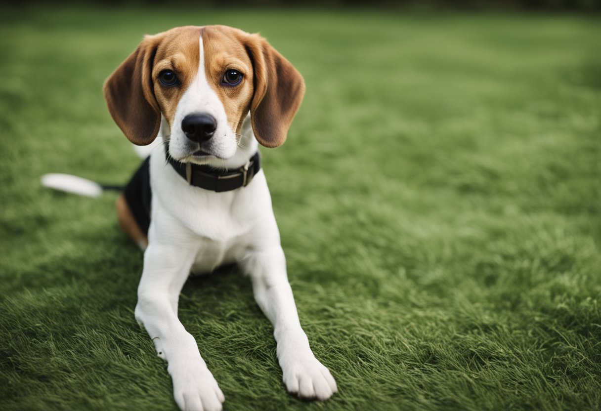 A beagle sits with hind legs splayed out, head tilted to the side, and ears perked up